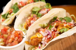 Fish tacos, with beef tacos in the background. The Cinnamon Bear lounge at the Whistler Hilton Resort.