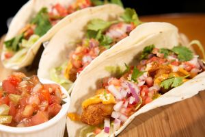 Fish tacos, with beef tacos in the background. The Cinnamon Bear lounge at the Whistler Hilton Resort.