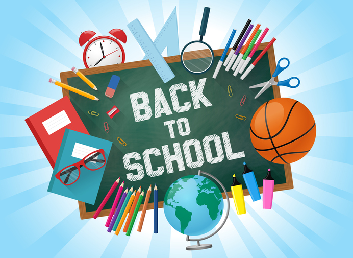 Back to school with green chalkboard background and school items. Vector illustration
