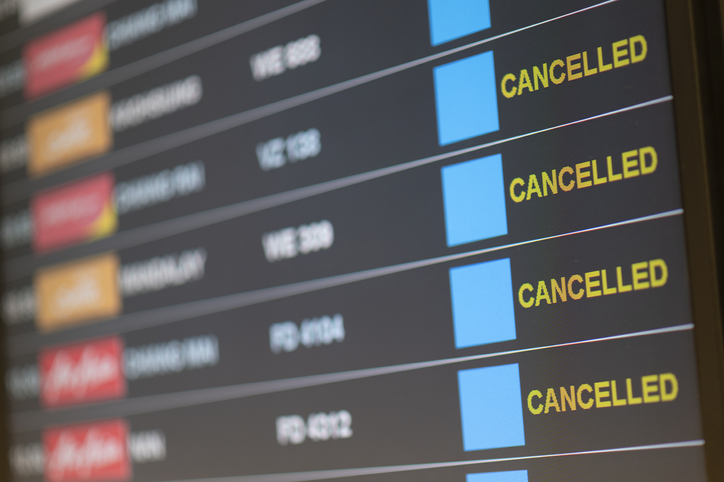 Departure flight board with cancelation at the Airport.