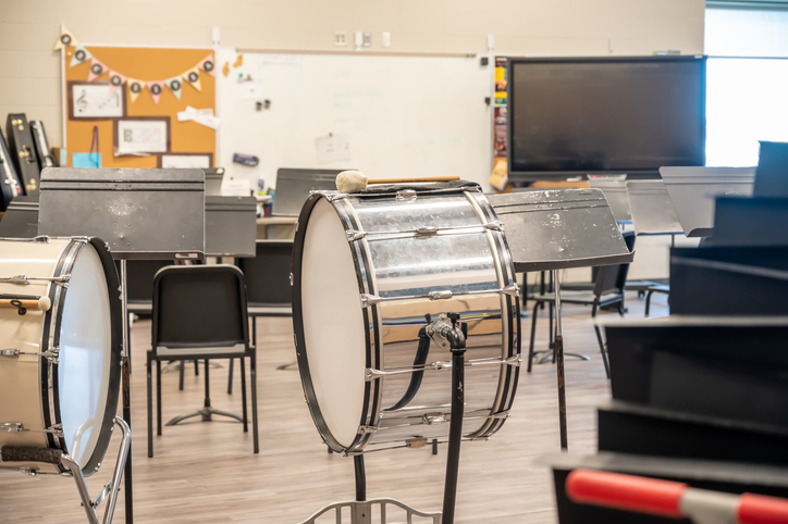 High school band practice room for music education.