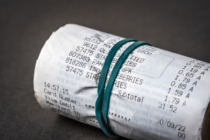 British shopping receipts roled in england uk