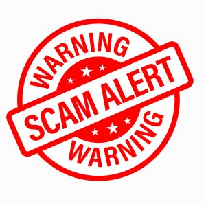 warning, scam alert, vector round icon, red in color