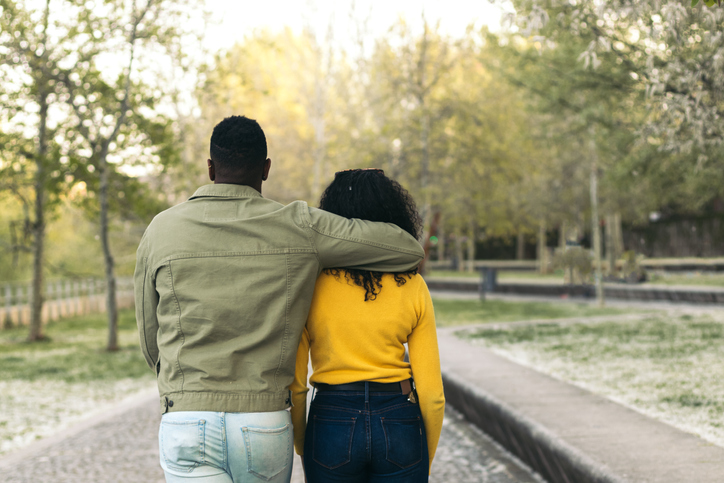 back view of a afro american couple walking in a park