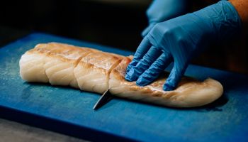 close-up on hands in blue latex gloves cutting raw fish on chopping board