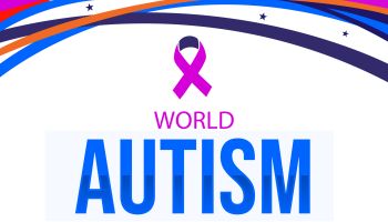 World Autism Awareness day wallpaper with pink ribbon and colorful shapes border design. Autism awareness day backdrop