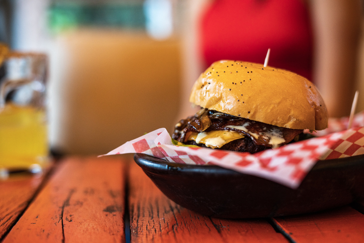 Hamburger with potatoes in a Colombian restaurant