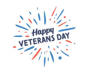 Happy Veterans Day text with vector firework burst