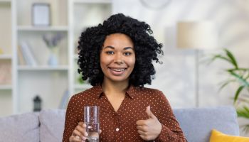 Portrait of an African-American woman sitting on the couch at home, holding a glass of water in her hands, pointing super finger, smiling and confidently looking at the camera