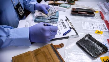 Specialised police officer notes dollar banknote reference of a robbery, conceptual image