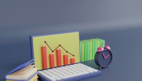3D rendering laptop computer with decending bar graph. Busiess financial concept.