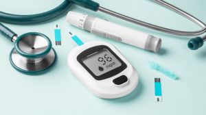 Blood glucose meter, lancet and stethoscope on green background, diabetes concept