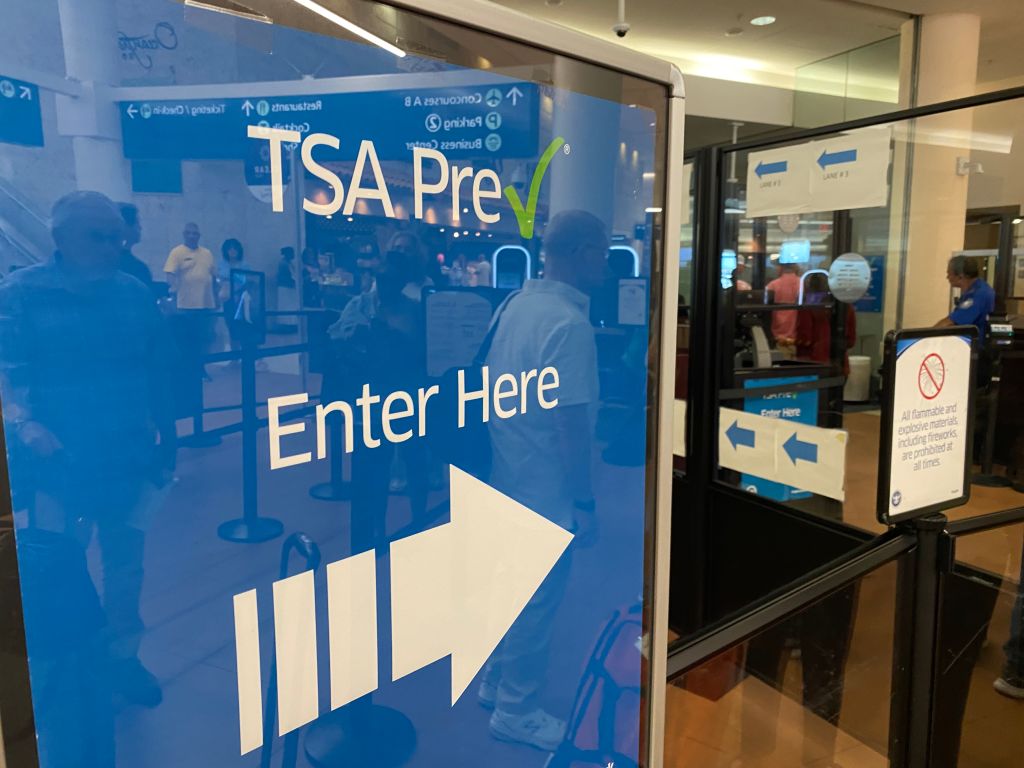 TSA Pre Check enter here sign at airport transportation security administration area, Palm Beach International Airport, Florida