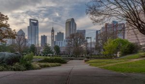 Beautiful view of the cityscape of Charlotte, North Carolina from a park