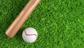 Baseball ball and bat on green grass