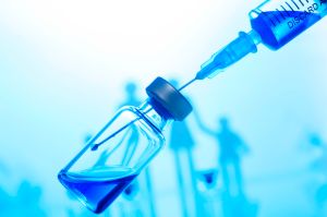 Digital Composite Image Of Medicine With Family In Background Over Blue Background
