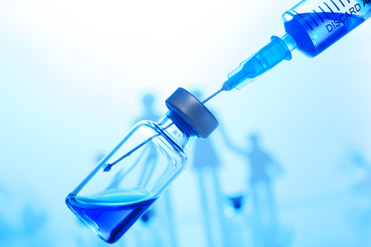 Digital Composite Image Of Medicine With Family In Background Over Blue Background
