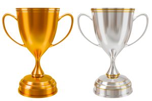 Gold cup for achievement, football championship, sports competition, contest, game winner award shape. Champion's Achievements Tournament victory 3D illustration rendering - clipping path