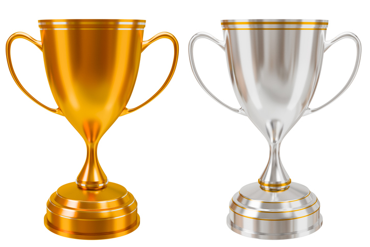 Gold cup for achievement, football championship, sports competition, contest, game winner award shape. Champion's Achievements Tournament victory 3D illustration rendering - clipping path