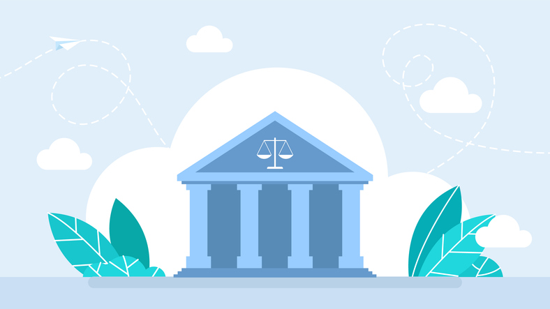 Administrative city building. Law and Justice Concept. Justice scales, judge building. Supreme court. Modern flat cartoon style. Supreme court, legal system, justice. Vector illustration.
