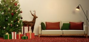 Festive living room with Christmas tree and gifts, cozy 3D render.
