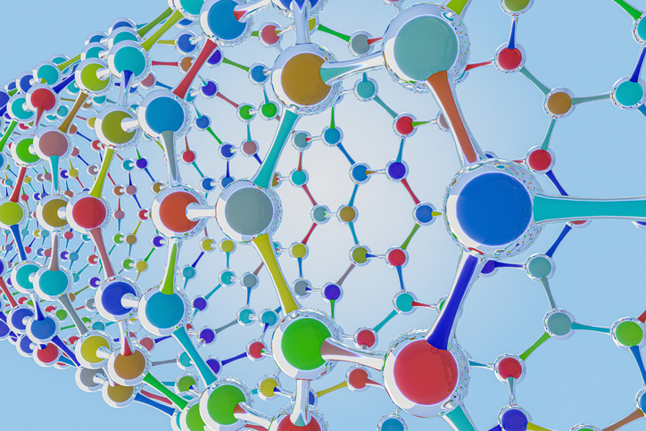 Structural diagrams of carbon nanomaterials and graphene molecules, 3D rendering