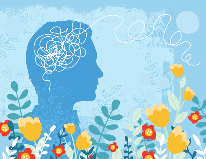 Mental Health Concept With A Man's Head Communicating With Plants & Flowers