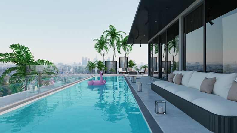 3D illustration. A small private swimming pool in the backyard of a luxury villa.