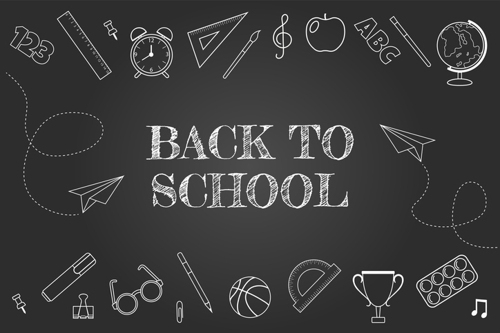 Back to school. Text on school board with chalk drawn school supplies. Vector illustration.