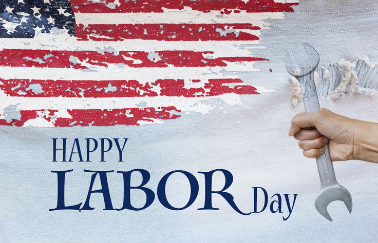Happy Labor day banner on United States of America flag screen on jean fabric background