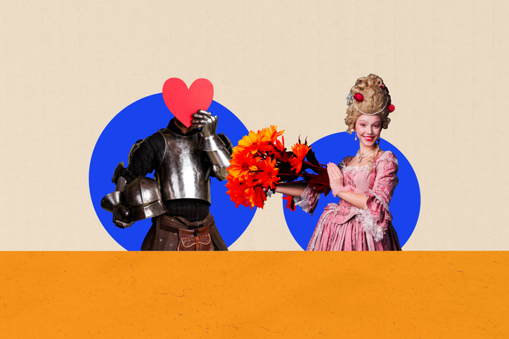 Trend artwork collage template sketch of ancient hero vintage knight character outfit young man cover head heart lady smile hold flower