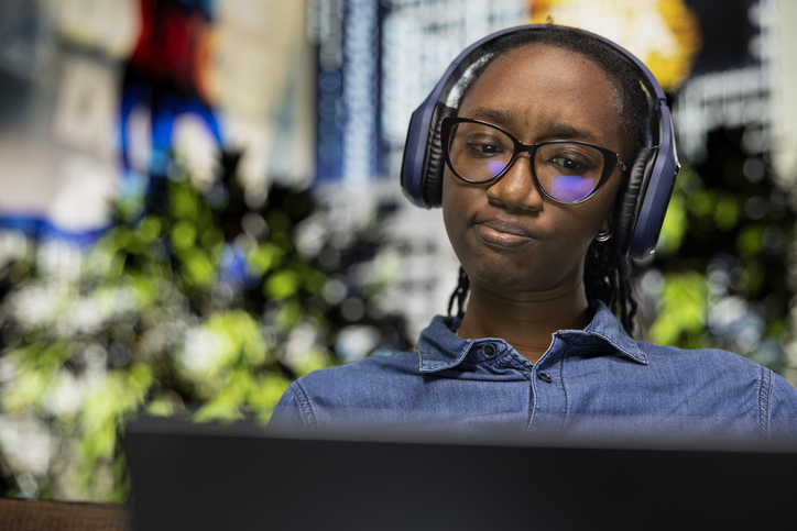 Listening music, laptop and woman on park bench doing business tasks