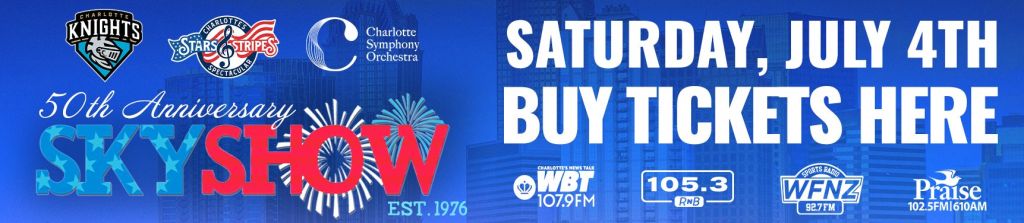 50th anniversary Sky Show event poster featuring fireworks, logos for Charlotte Knights baseball team and WBT 107.9 FM radio station, and text promoting the event on July 4th.