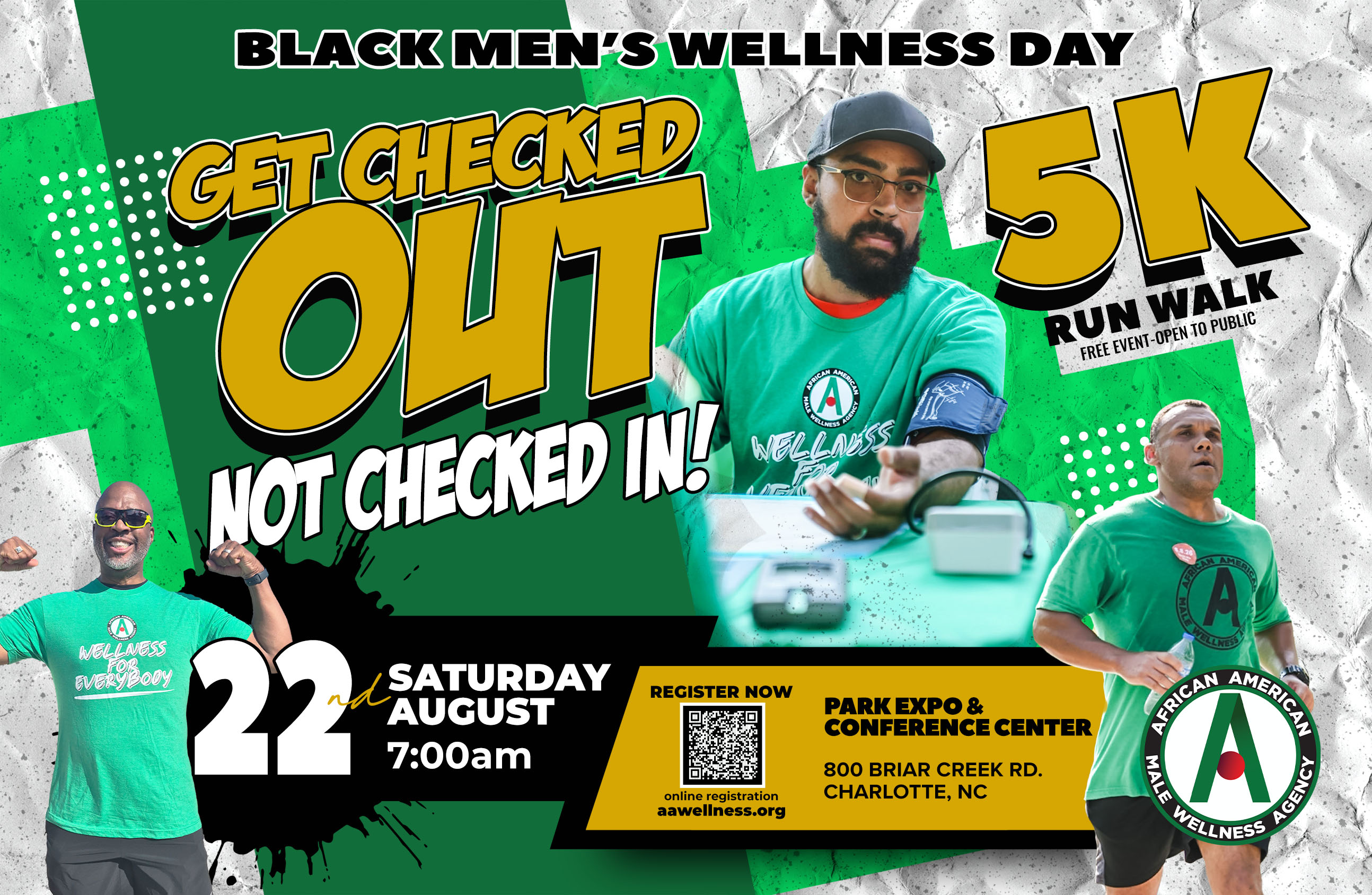 Black Men's Wellness Day 5K run walk event poster with a man in a green shirt checking his blood pressure and text "Get Checked Out Not Checked In!