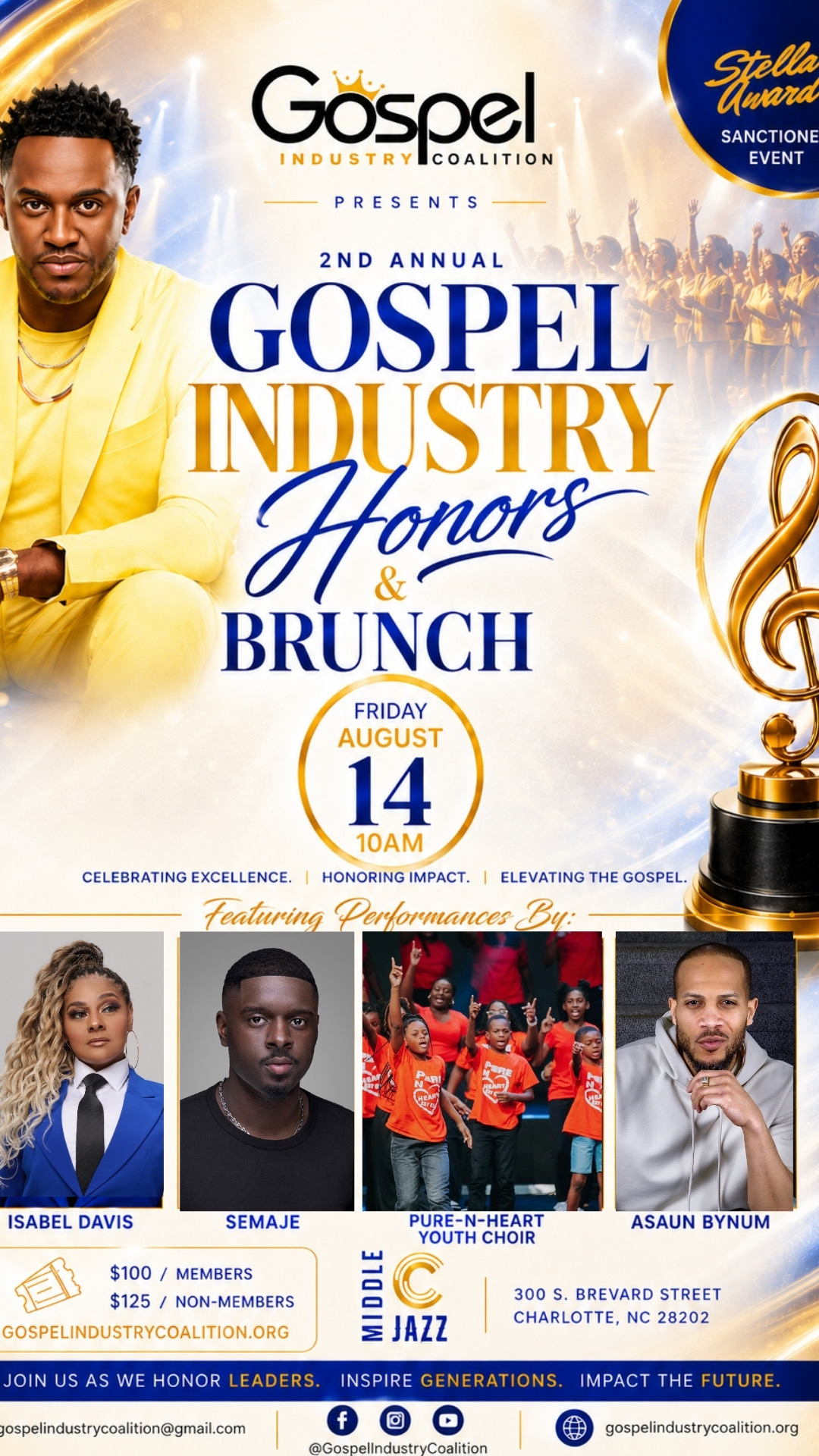 Gospel Industry Coalition presents the 2nd Annual Gospel Industry Honors & Brunch event on August 14, featuring performances by Isabel Davis, Semaje, Pure-N-Heart Youth Choir, and Asaun Bynum.
