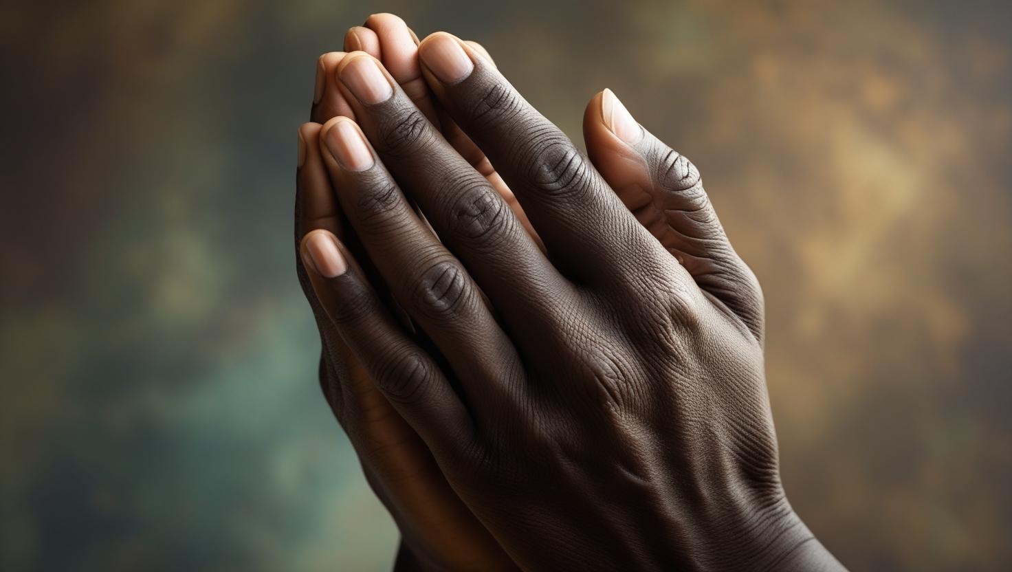 Hands clasped in prayer against a blurred natural background.
