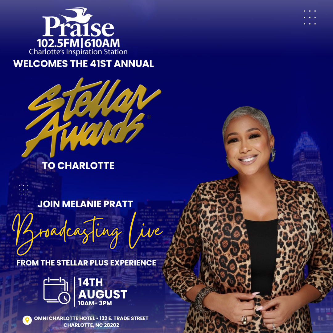 A smiling woman in a leopard print jacket stands in front of a cityscape, promoting the 41st annual Stellar Awards event hosted by Praise 102.5 FM/610 AM, Charlotte's Inspiration Station.